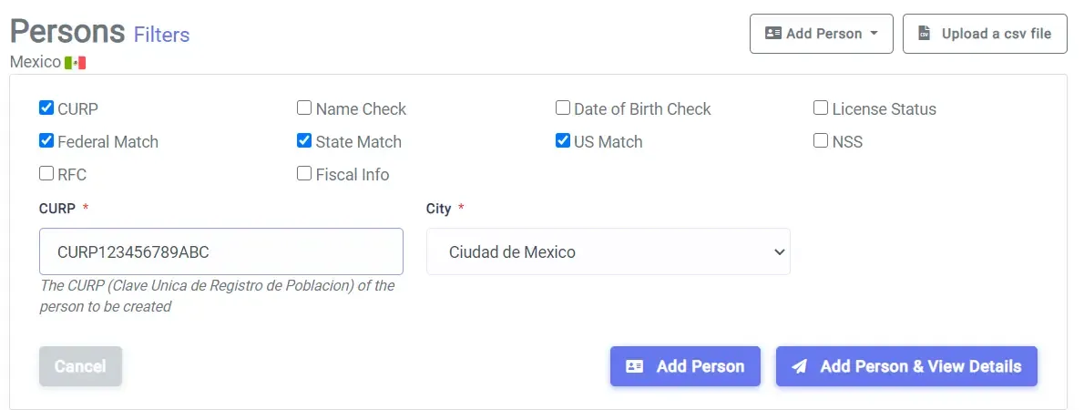 Screenshot showing the Add Person form with a CURP field filled out