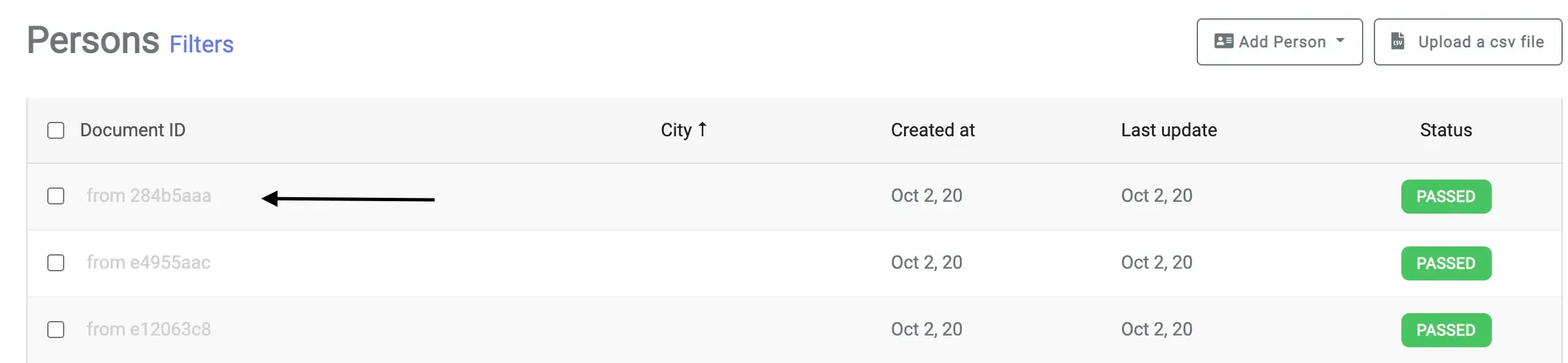 Person document ID selection on dashboard
