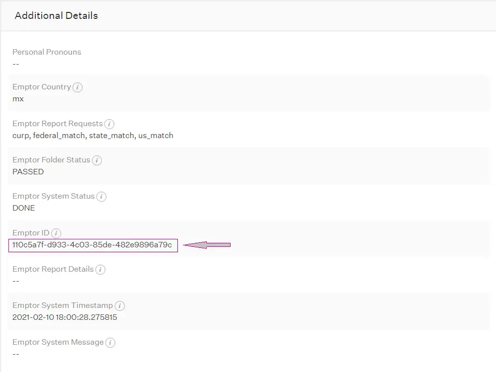 Additional details section showing Emptor ID in Greenhouse