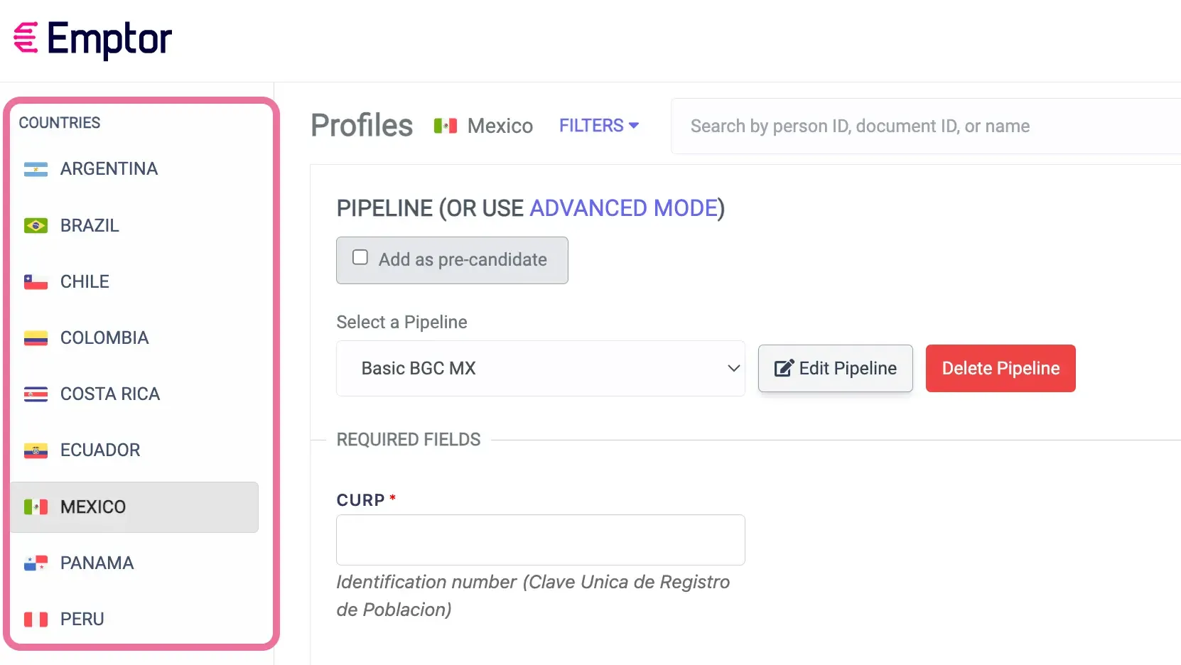 Country selection in dashboard sidebar