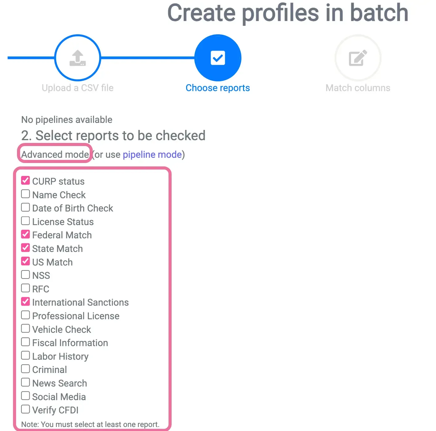 Advanced mode selection
